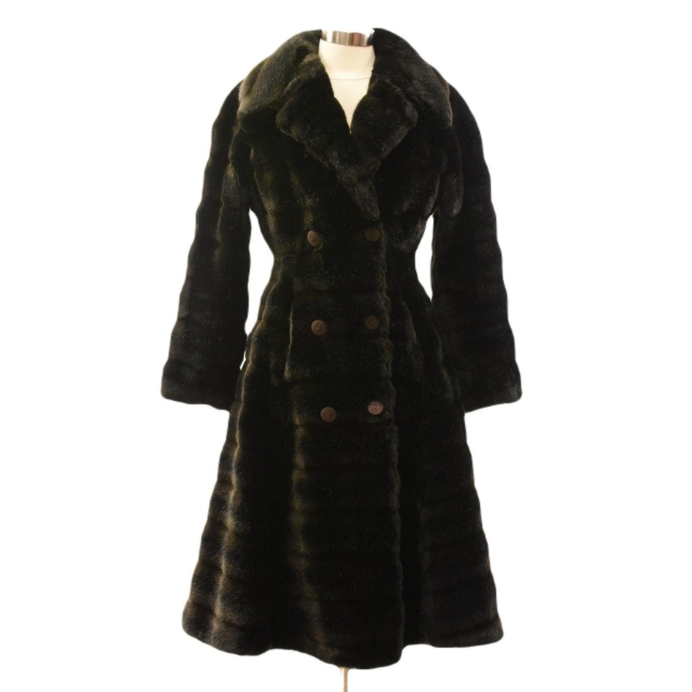 60s Vintage Nipped Waist Faux Fur Coat Womens S Chocolate Brown